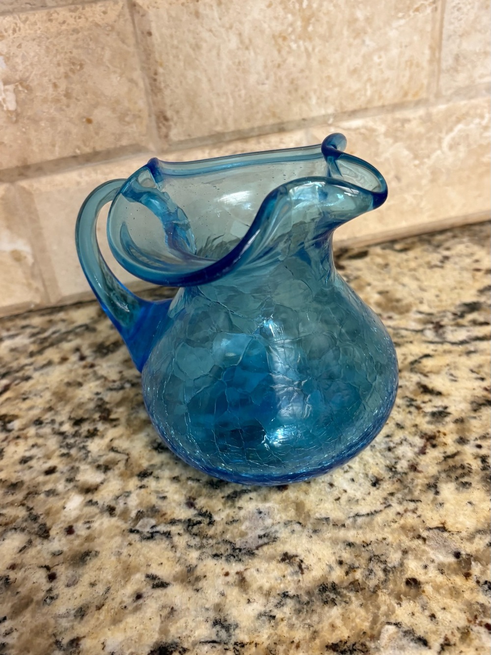 Blue Crackle Glass Pitcher - Handblown Home Accent